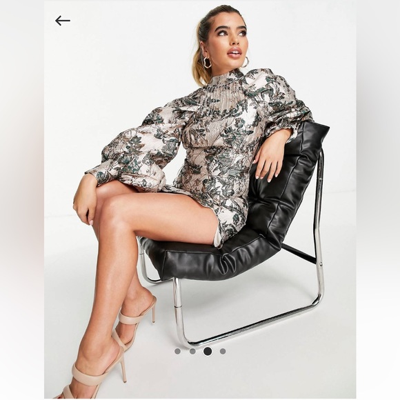 ASOS Luxe Jacquard Volume Sleeve Mini Dress with Crystal Trim Detail - Picture 3 of 4